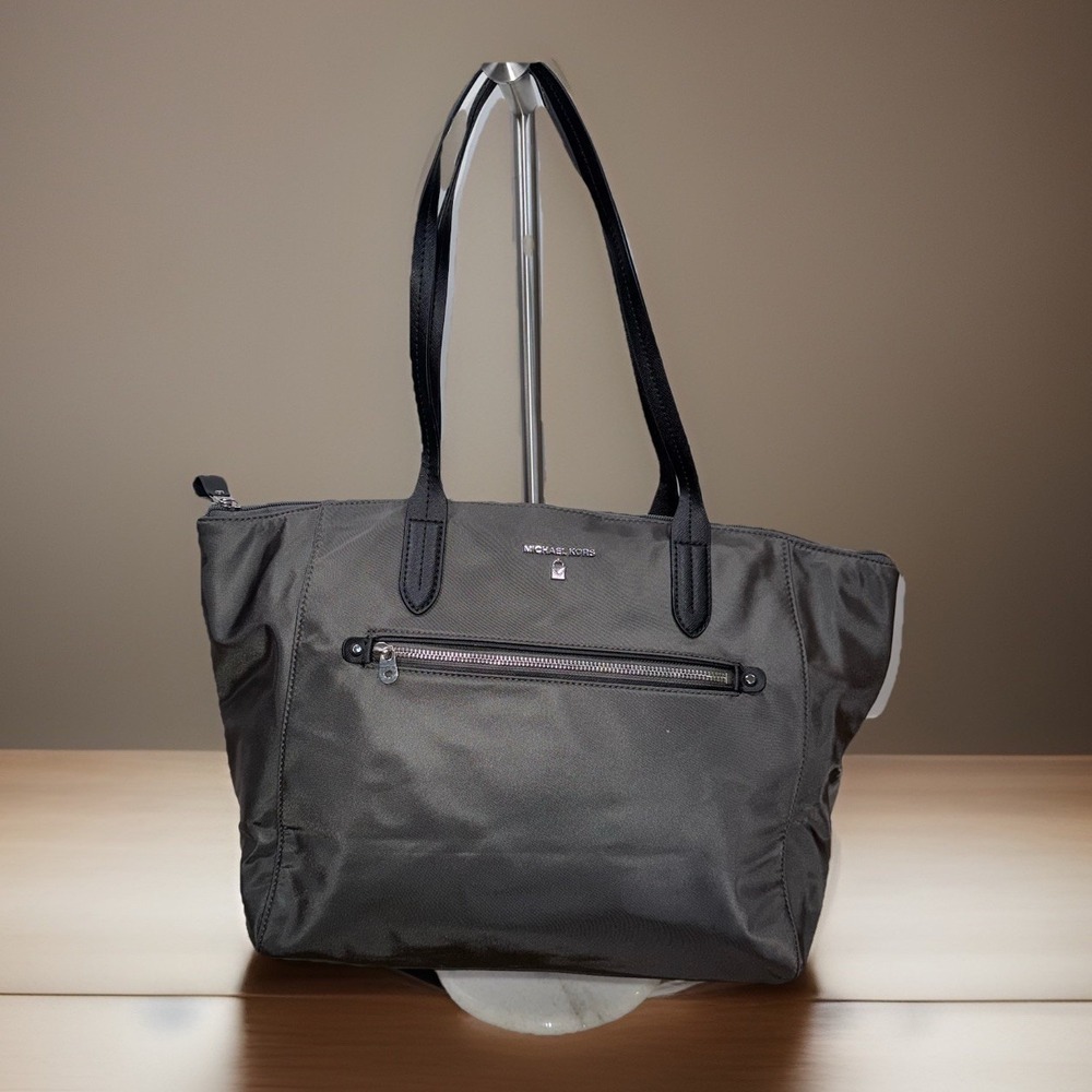 Michael Kors Kelsey Nylon Tote Dark Gray Black Handles Lrg Shoulder Bag Preowned